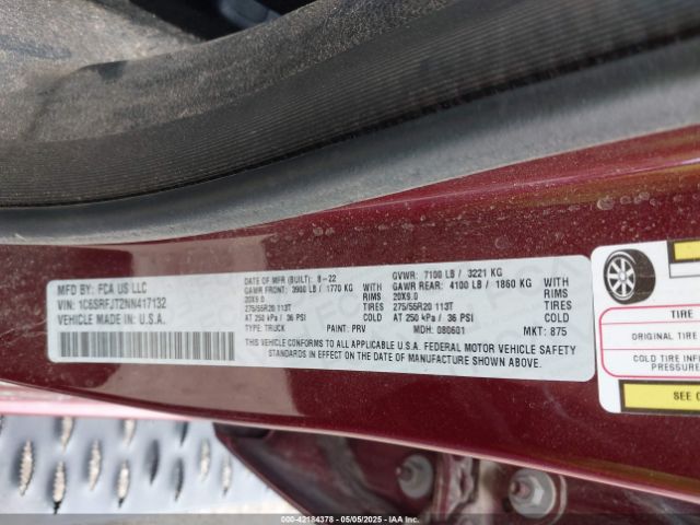1C6SRFJT2NN417132 RAM 1500 Laramie  4x4 5'7 Box