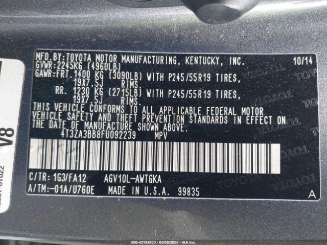 4T3ZA3BB8FU092239 Toyota VENZA LE