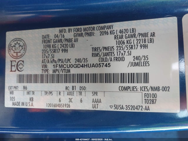 1FMCU0GD4HUA05745 Ford ESCAPE SE