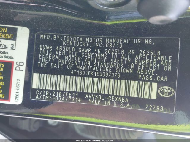 4T1BD1FK1EU097376 Toyota Camry Hybrid Le