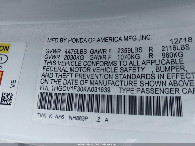 1HGCV1F30KA031639 Honda Accord Sport