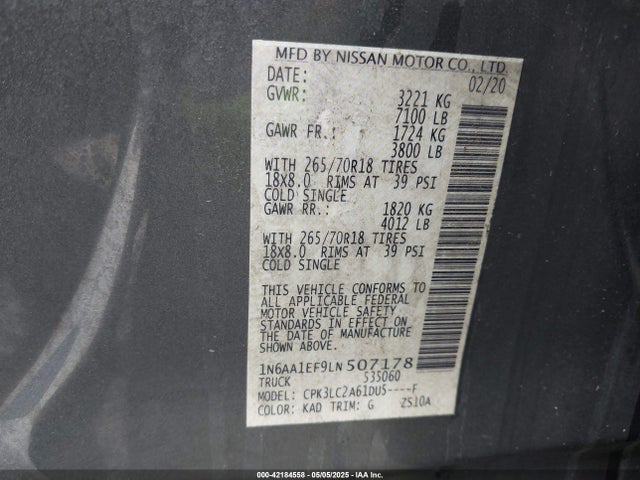 Nissan Titan Sv 4x2 2020 1N6AA1EF9LN507178 Image 9