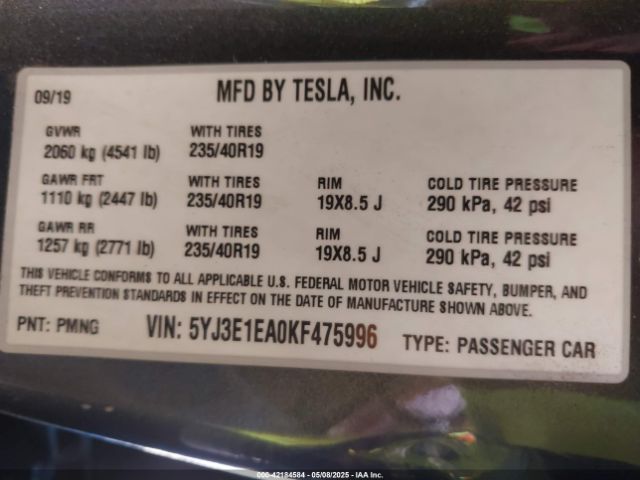 5YJ3E1EA0KF475996 Tesla Model 3 Long Range/mid Range/standard Range/standard Range Plus