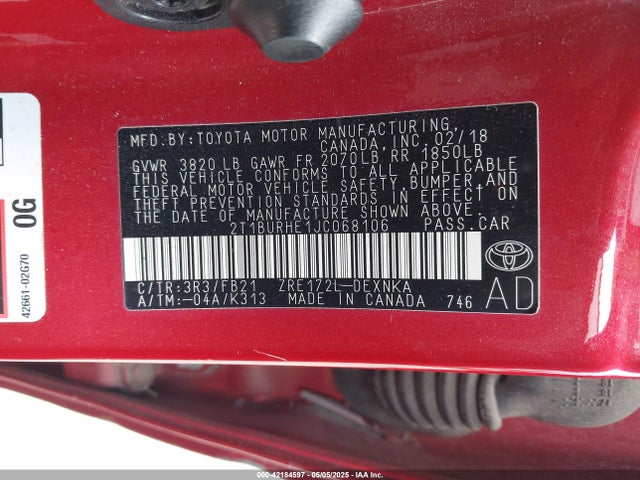 2T1BURHE1JC068106 Toyota COROLLA LE