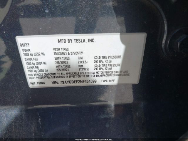 7SAYGDEF2NF454099 Tesla Model Y Performance Dual Motor All-wheel Drive