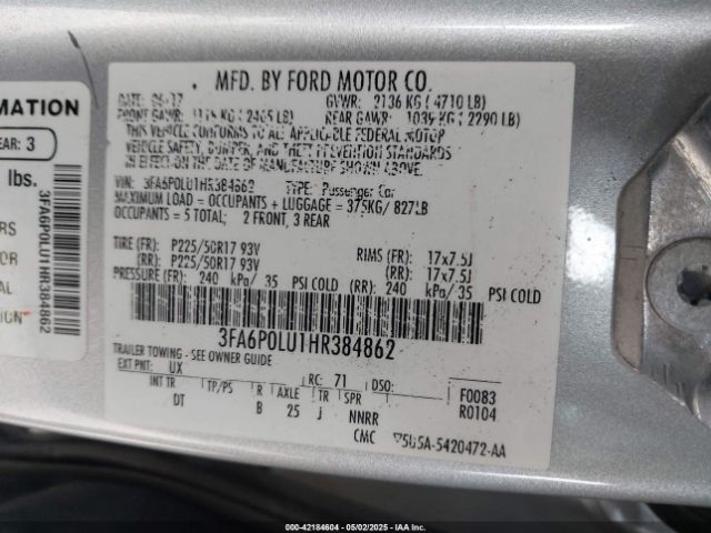 3FA6P0LU1HR384862 Ford 2.0l 4v atk hev