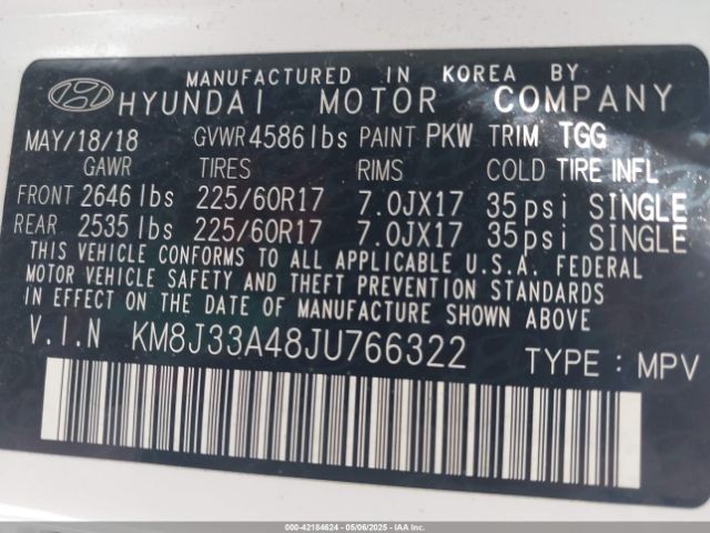 KM8J33A48JU766322 Hyundai TUCSON SEL