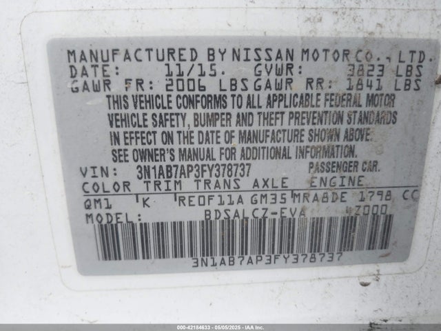 3N1AB7AP3FY378737 Nissan SENTRA S