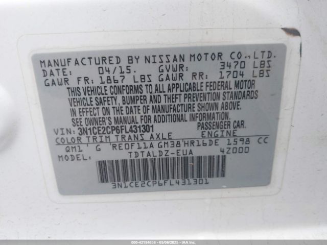 3N1CE2CP6FL431301 Nissan Versa Note Sv