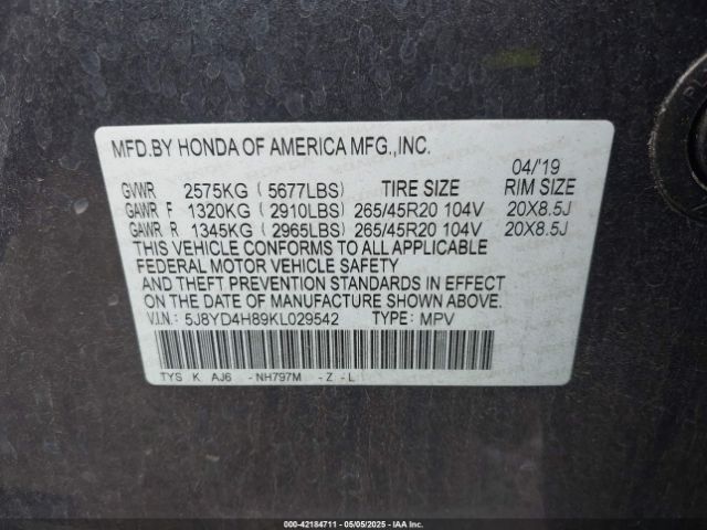 5J8YD4H89KL029542 Acura Mdx Advance Pkg