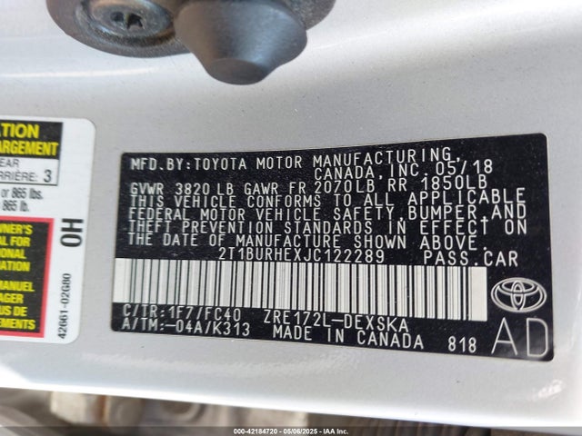 2T1BURHEXJC122289 Toyota 2zr-fe