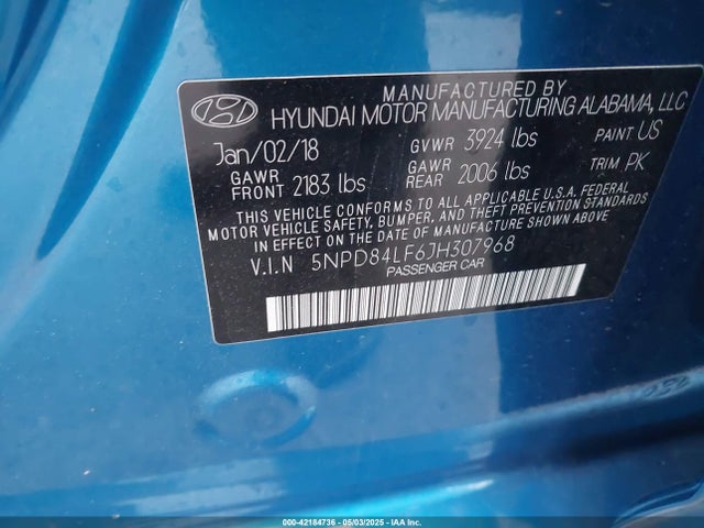 5NPD84LF6JH307968 Hyundai mpi nu