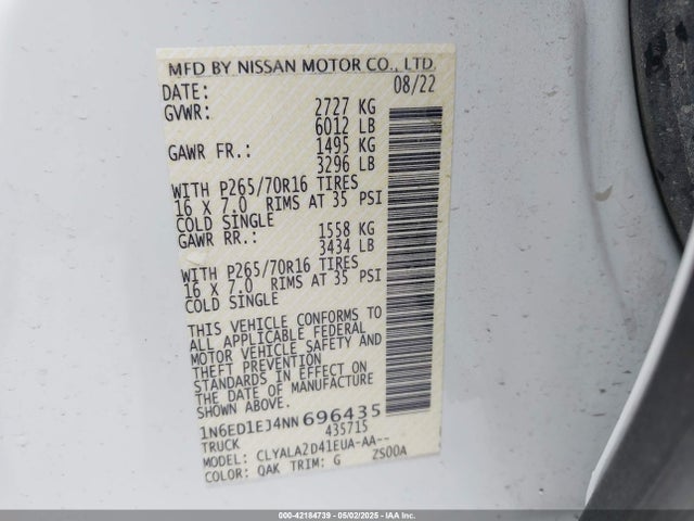 Nissan Frontier S 4x2 2022 1N6ED1EJ4NN696435 Image 9