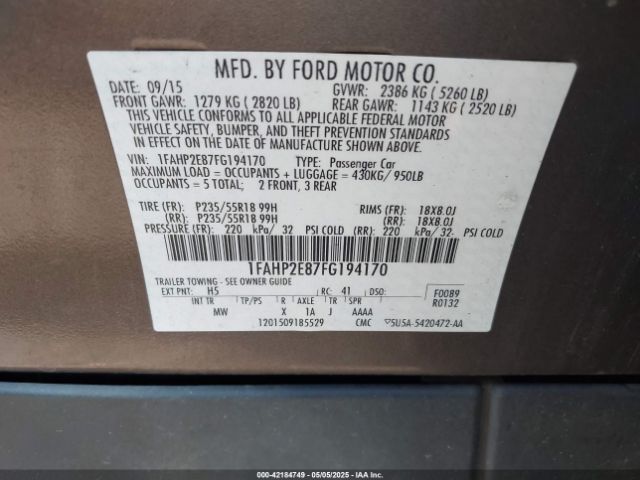 1FAHP2E87FG194170 Ford TAURUS SEL