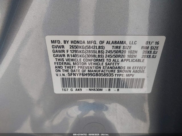 5FNYF6H99GB058935 Honda Pilot Touring