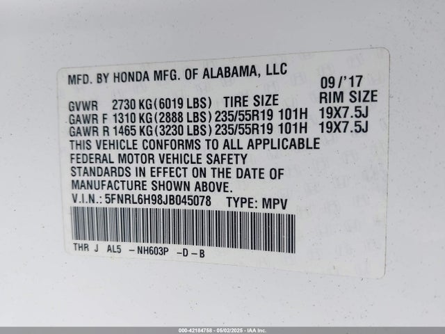 5FNRL6H98JB045078 Honda Odyssey Elite
