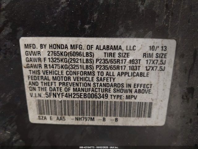 5FNYF4H25EB006349 Honda PILOT LX