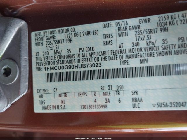 1FMCU0G90HUB73023 Ford ESCAPE SE