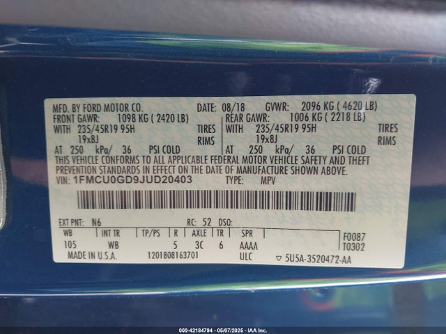 Ford ESCAPE SE 2018 1FMCU0GD9JUD20403 Image 9