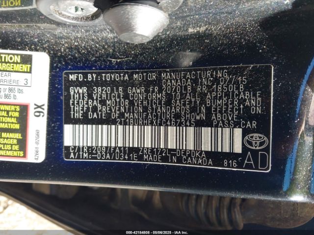 2T1BURHEXFC467345 Toyota COROLLA L
