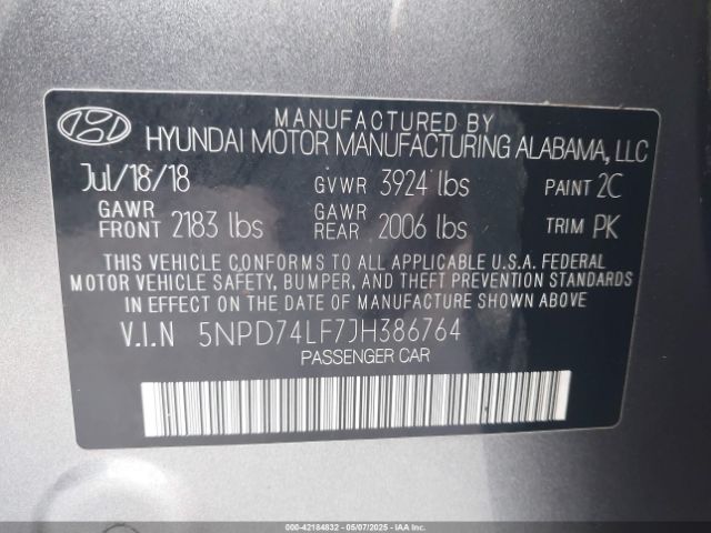 5NPD74LF7JH386764 Hyundai ELANTRA SE