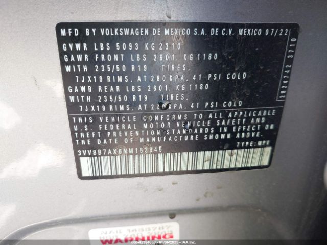 3VV8B7AX6NM153845 Volkswagen Tiguan 2.0t Se R-line Black