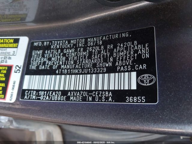 4T1B11HK9JU133329 Toyota CAMRY SE