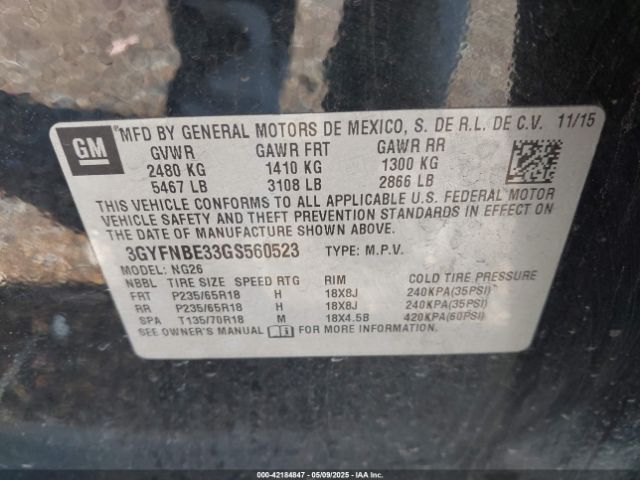 3GYFNBE33GS560523 Cadillac Srx Luxury Collection