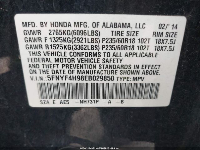 5FNYF4H98EB029850 Honda Pilot Touring