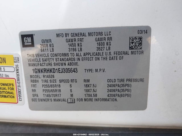 1GNKRHKD1EJ305643 Chevrolet Traverse 2lt
