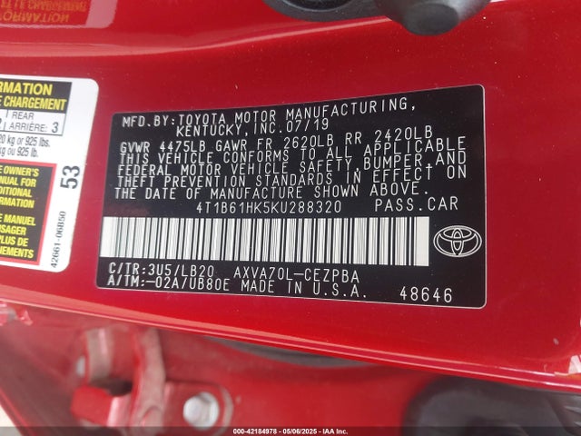 4T1B61HK5KU288320 Toyota CAMRY XSE