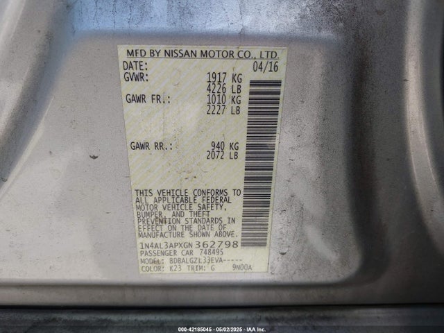 1N4AL3APXGN362798 Nissan Altima 2.5/2.5 S/2.5 Sl/2.5 Sr/2.5 Sv