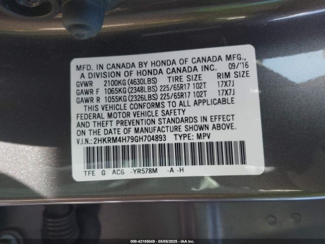 2HKRM4H79GH704893 Honda Cr-v Ex-l