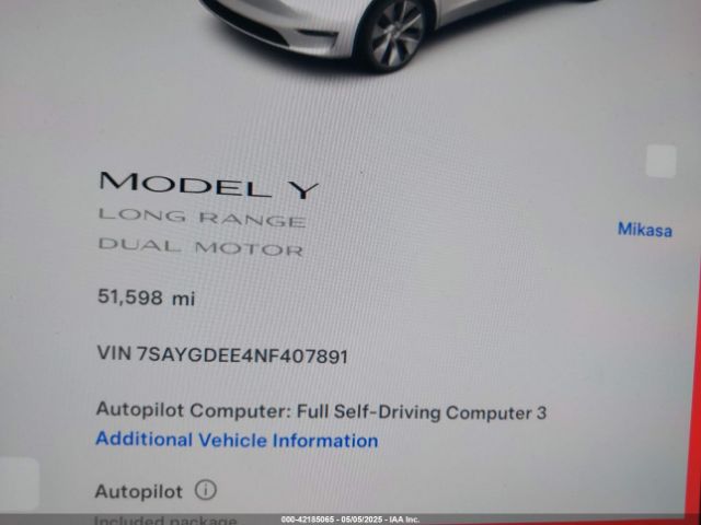 7SAYGDEE4NF407891 Tesla Model Y Long Range Dual Motor All-wheel Drive