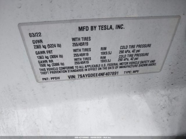 7SAYGDEE4NF407891 Tesla Model Y Long Range Dual Motor All-wheel Drive