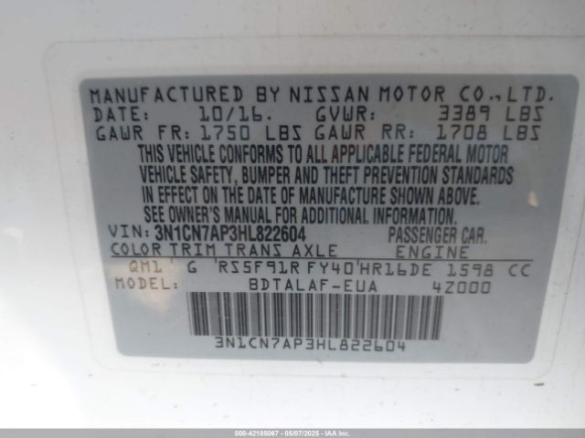 3N1CN7AP3HL822604 Nissan Versa 1.6 S