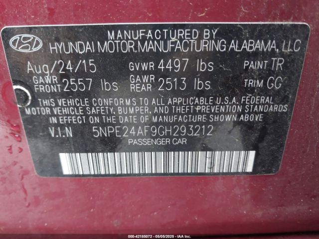 5NPE24AF9GH293212 Hyundai SONATA SE