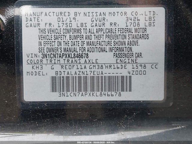 3N1CN7APXKL846678 Nissan Versa 1.6 S+