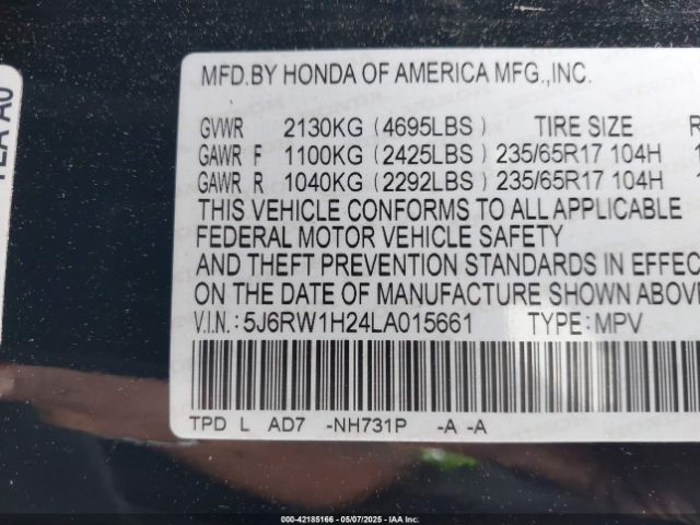 5J6RW1H24LA015661 Honda Cr-v 2wd Lx