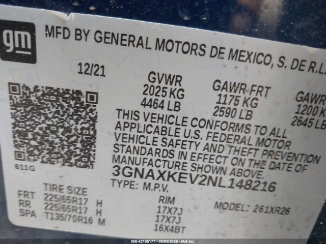 3GNAXKEV2NL148216 Chevrolet Equinox Fwd Lt