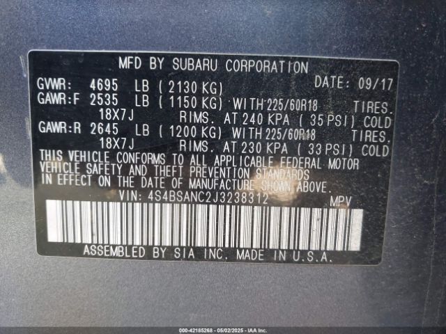 2018 SUBARU OUTBACK 4S4BSANC2J3238312 Photo 8