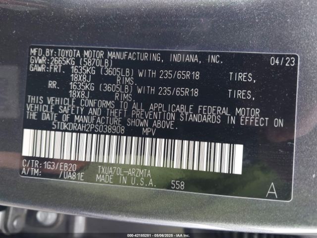 5TDKDRAH2PS038908 Toyota Highlander Xle