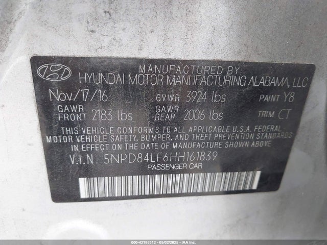 5NPD84LF6HH161839 Hyundai Elantra Value Edition