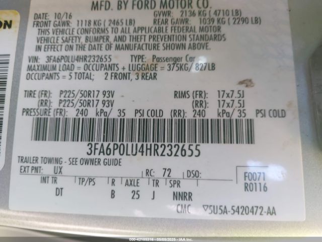 3FA6P0LU4HR232655 Ford Fusion Hybrid Se