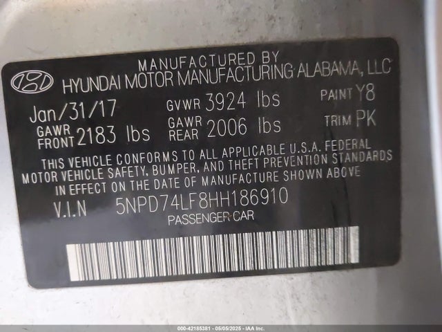 5NPD74LF8HH186910 Hyundai 2017