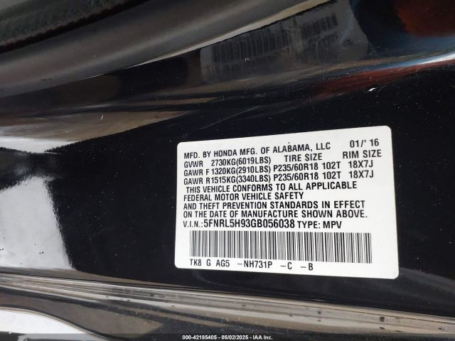 5FNRL5H93GB056038 Honda Odyssey Touring/touring Elite