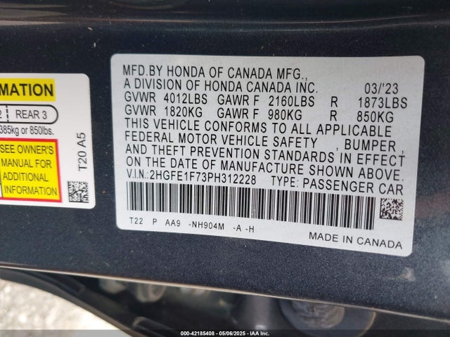 Honda Civic Ex /ex W/o Bsi 2023 2HGFE1F73PH312228 Image 9