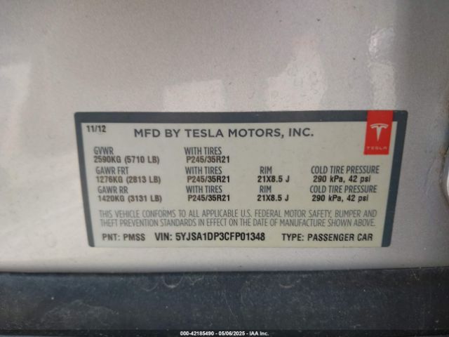 2012 TESLA MODEL S 5YJSA1DP3CFP01348 Photo 8