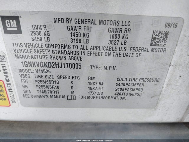 1GNKVGKD2HJ170005 Chevrolet Traverse 1lt