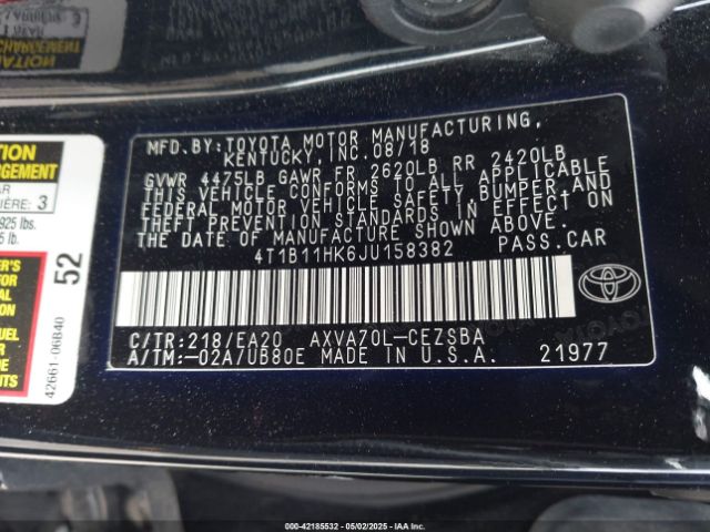 4T1B11HK6JU158382 Toyota CAMRY SE